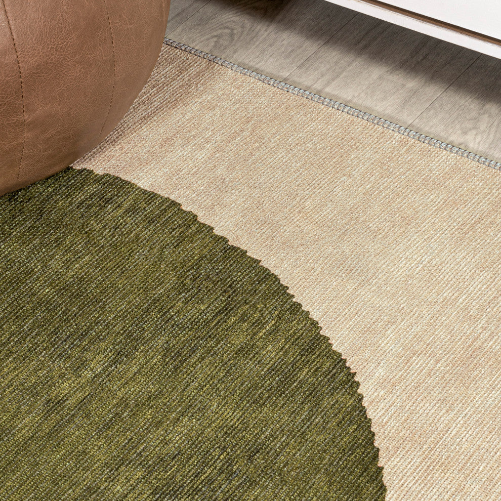 Cirkel Minimalist Geometric Dot Machine-Washable Area Rug, Cream/Olive, 3x5