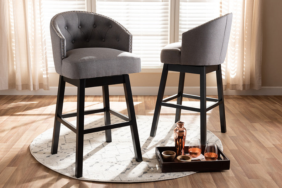 Theron Transitional Gray Fabric Upholstered Wood Swivel Bar Stool Set Of 2