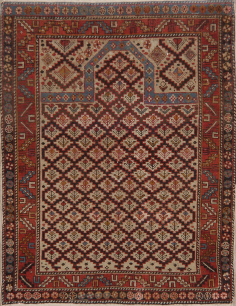Consigned, Oriental Low Pile Carpet Hand-Knotted Antique Area Rug, Beige, 4x4
