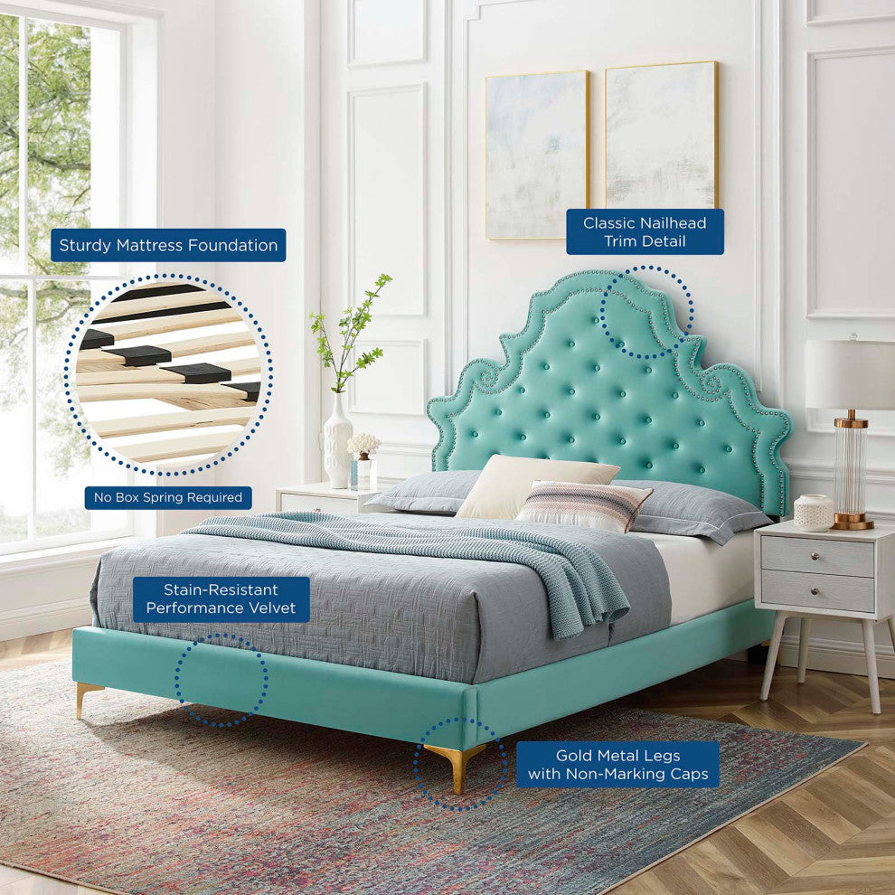 Tufted Platform Bed Frame, Twin Size, Velvet, Blue, Modern Contemporary, Bedroom