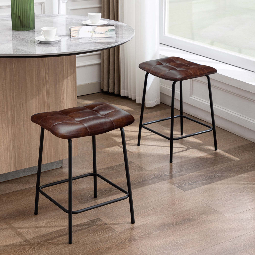 Saddle Tufted 24" Counter Stools Set of 2, Darkbrown-Faux Leather