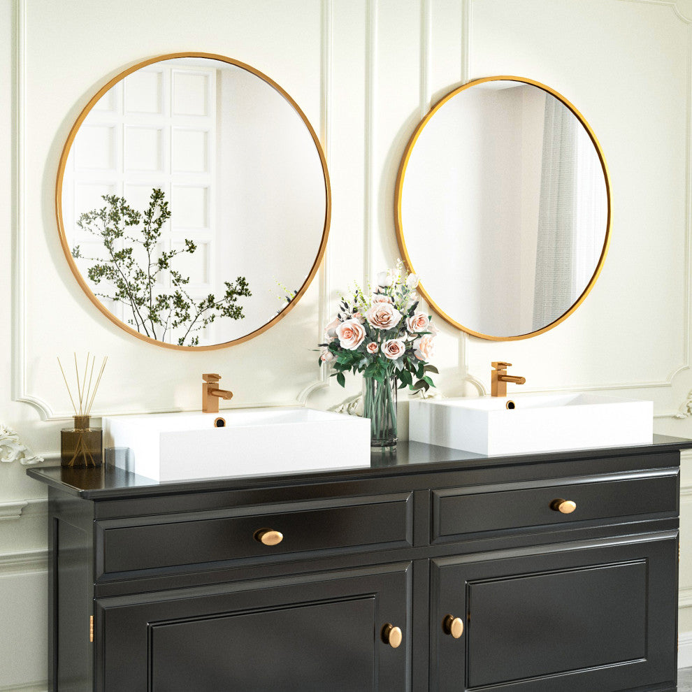 Easly Aluminum Alloy Framed Round Mirror, Gold, 24x24