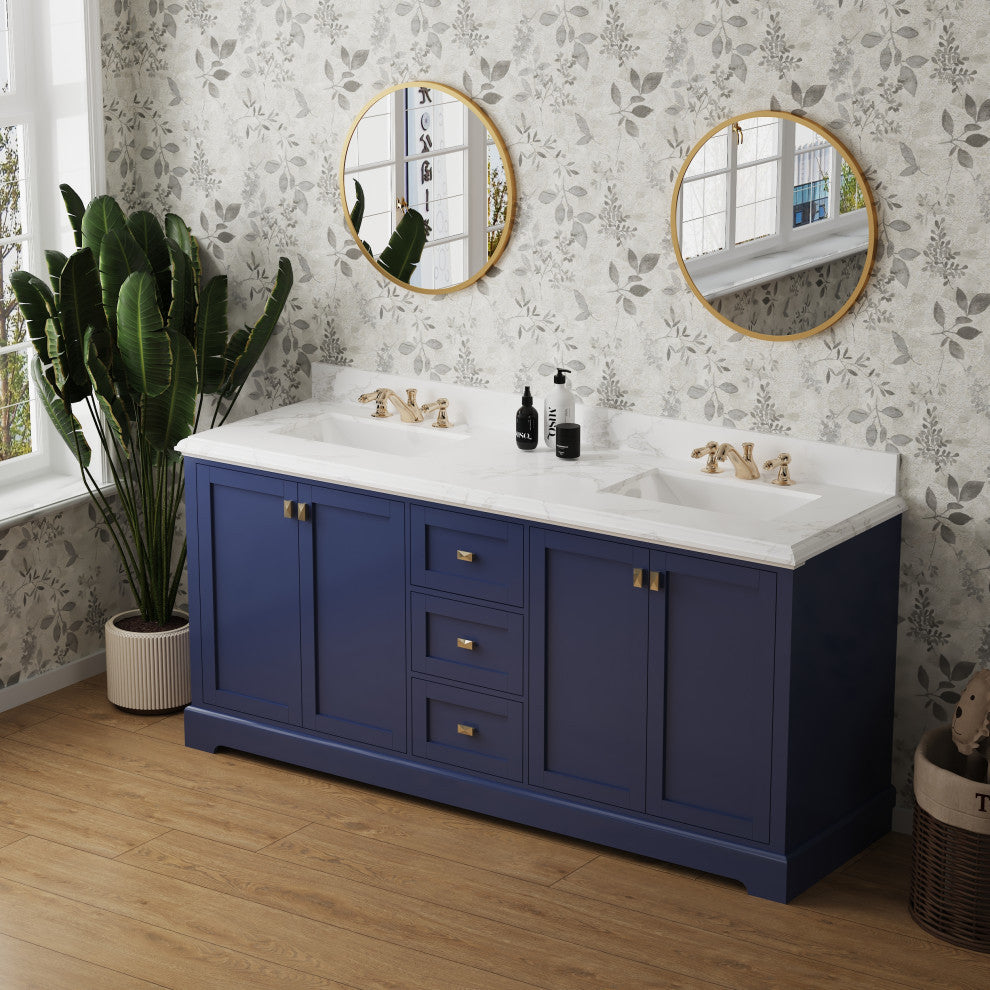 Freestanding Double Bathroom Vanity with White Carrara Marble Top, Navy Blue, 72"