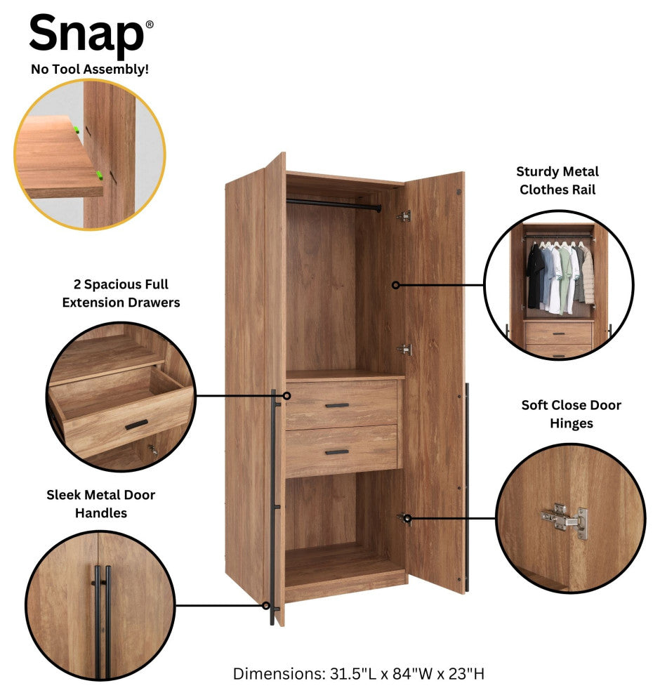 Lee Modern 2-Piece Wardrobe With 1 Rod, 4 Drawers & 5 Shelves, Golden Brown