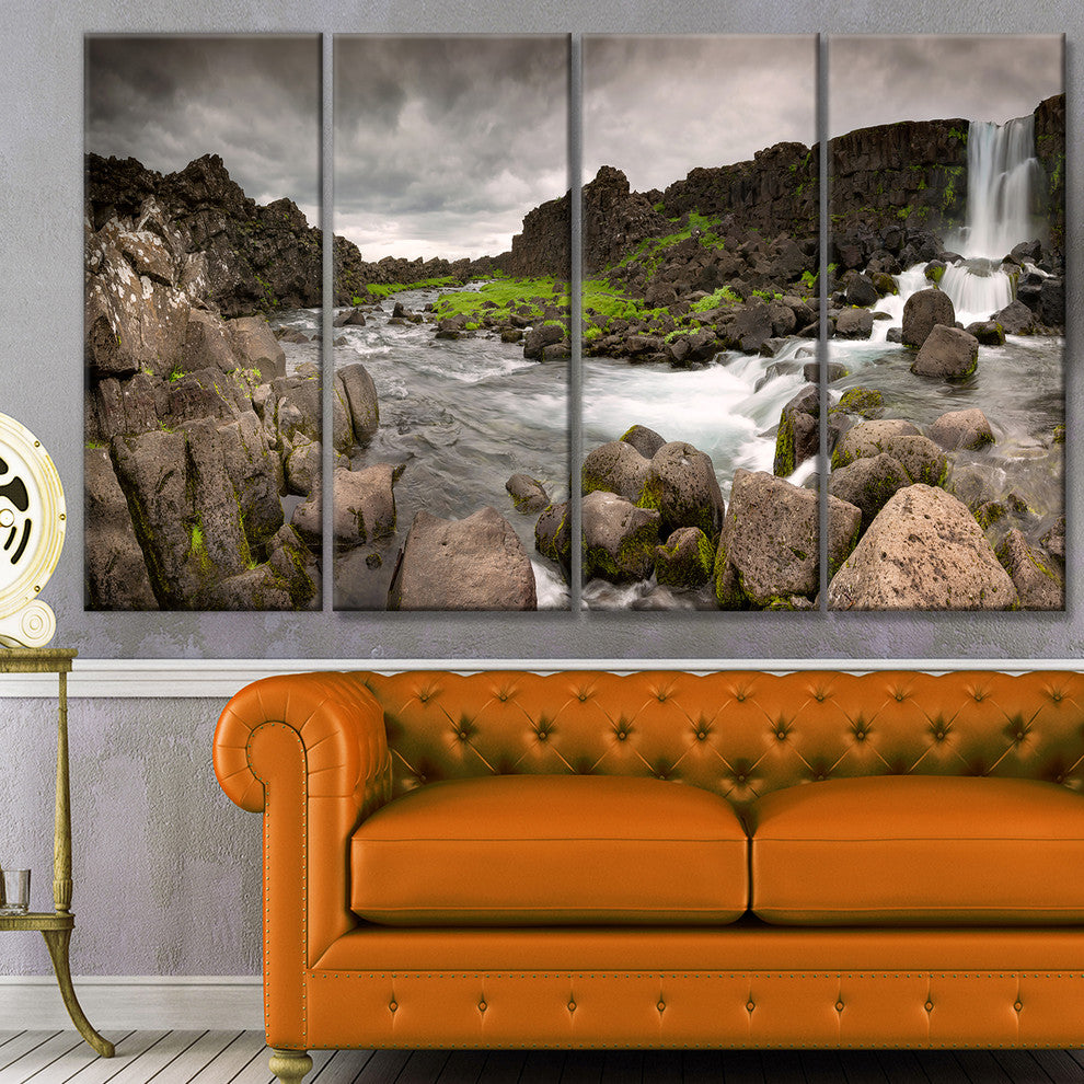 Dramatic Oxarafoss Waterfalls, Abstract Art on Canvas, 48"x28", 4 Panels