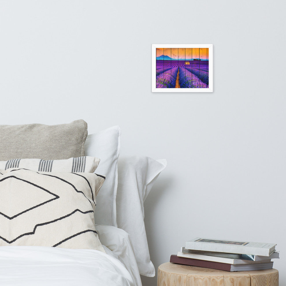 Faux Wood Lavender Fields and Sunset Landscape Framed Photo Paper Wall Art Print, White, 8" X 10"