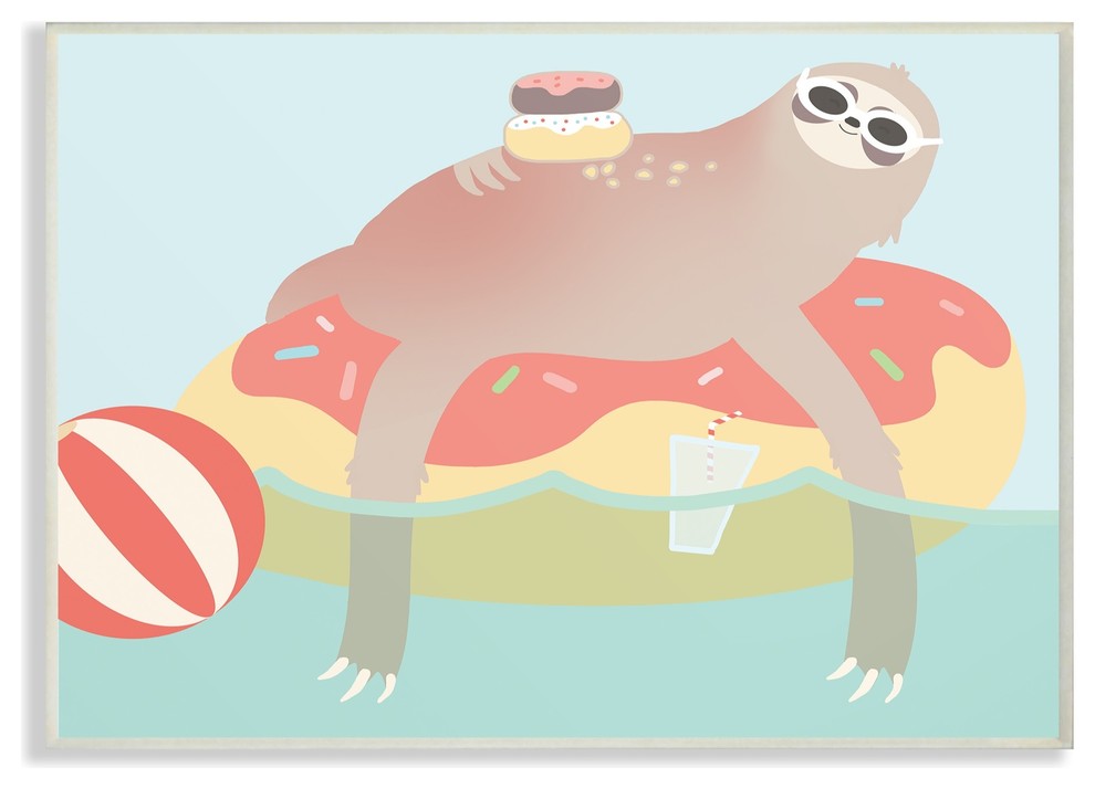 The Kids Room Cartoon Lazy Sloth In a Donut Float Wall Plaque Art, 13"x19"