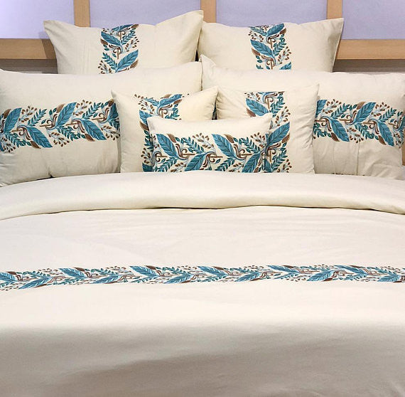 King Duvet Cover 3 Pc set in Cream Cotton with Embroidery, Fern Embroidery