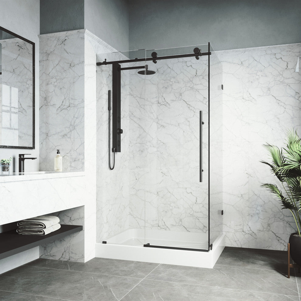 VIGO Elan E-Class Frameless Sliding Shower Enclosure, Matte Black, 36" D X 48" W X 82" H, Left Base