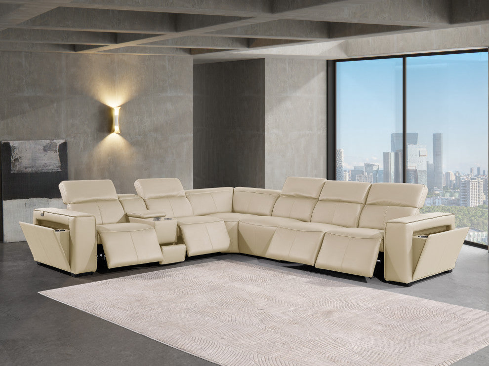 Niccolo Italian Leather 7-Piece L-Shaped Power Reclining Sectional, Beige