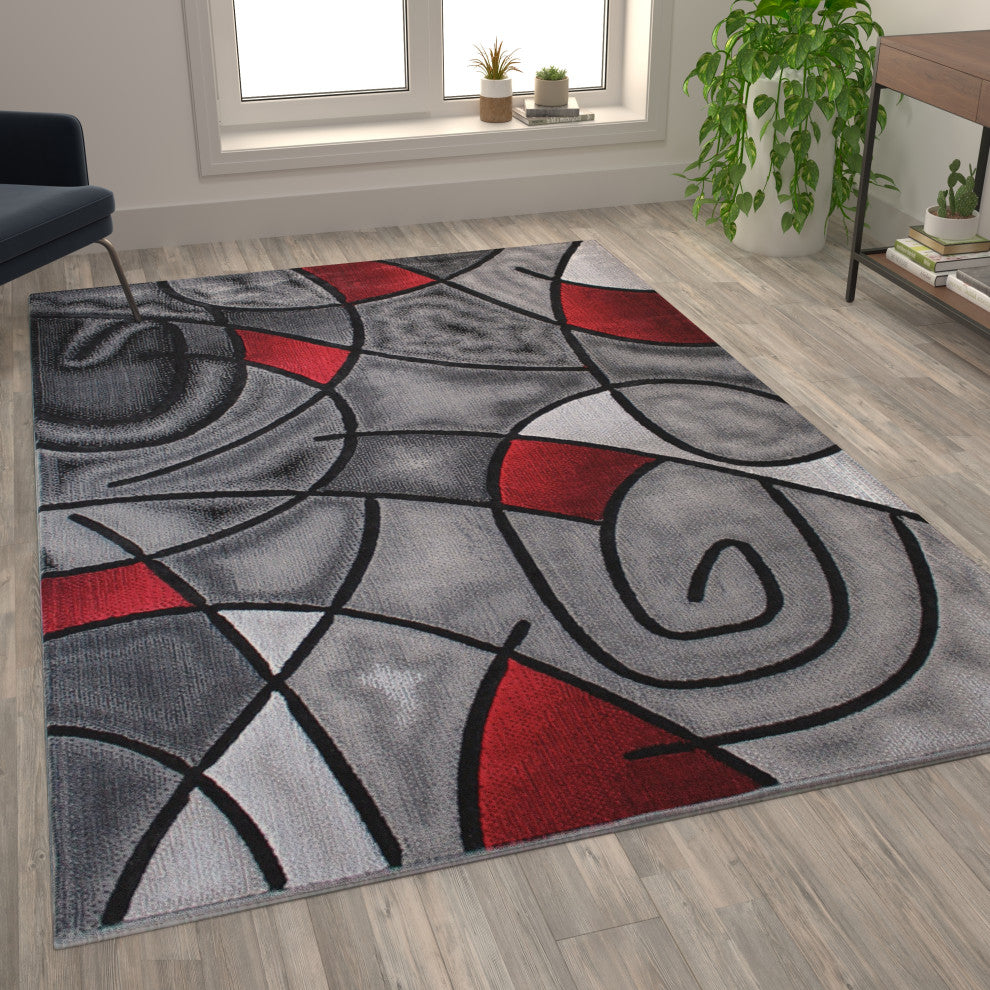 Angie Collection Rectangle 6' x 9' Abstract Area Rug, Red