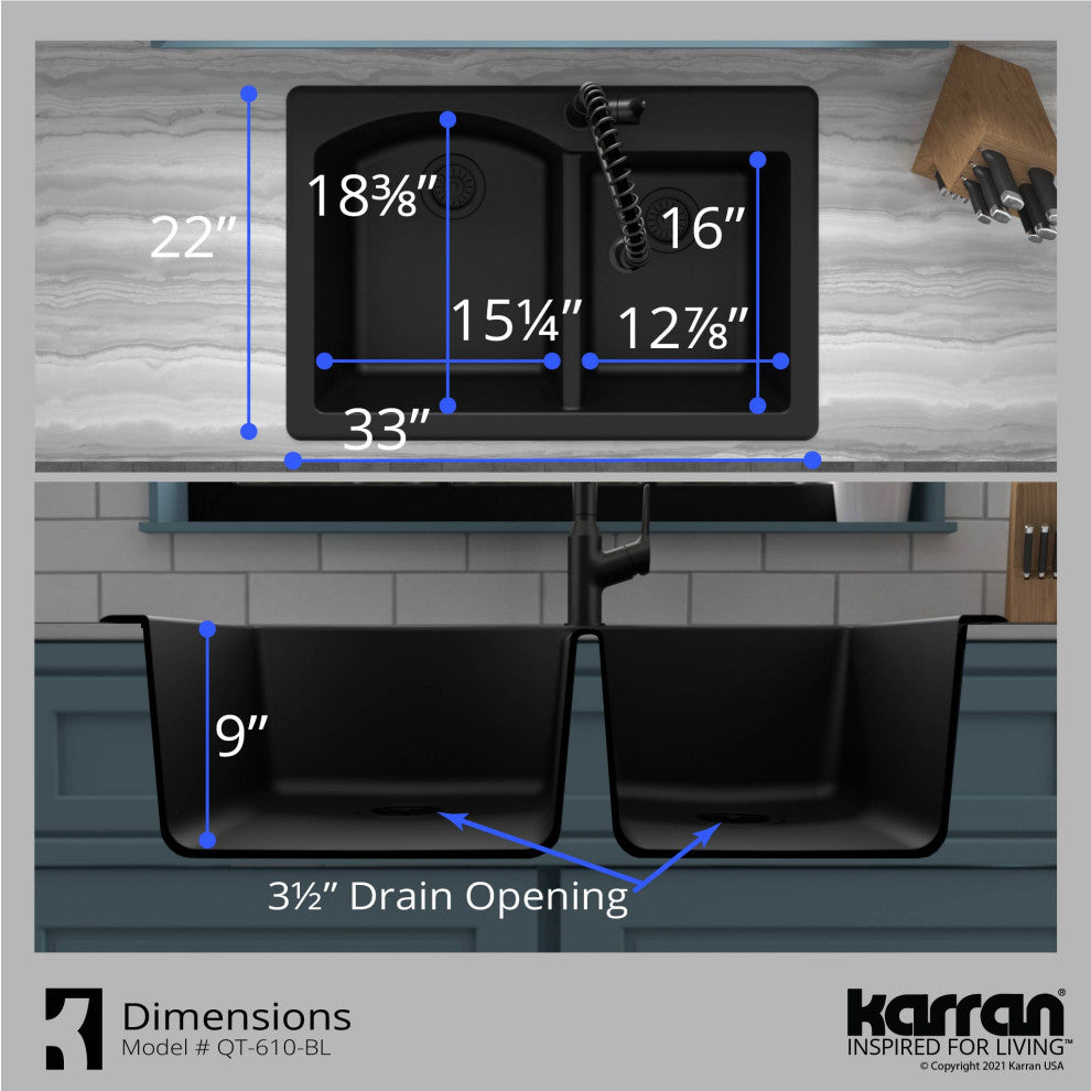 Karran All, One Drop-In Quartz 33" Double Bowl Sink, Black With Faucet