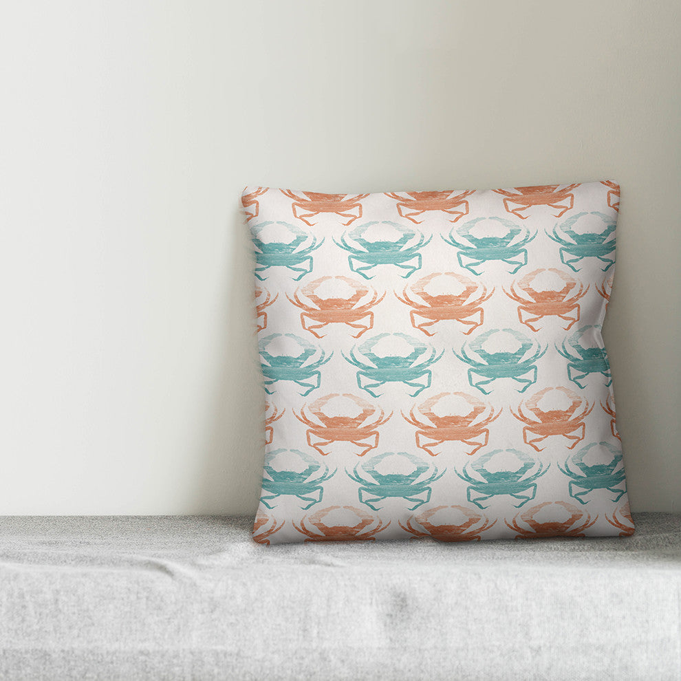 "Teal and Coral Crab" Outdoor Throw Pillow, 18"x18"