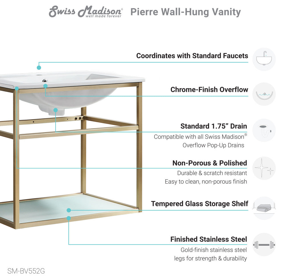 Pierre 24 Single, Metal Frame, Open Shelf, Bathroom Vanity, Gold