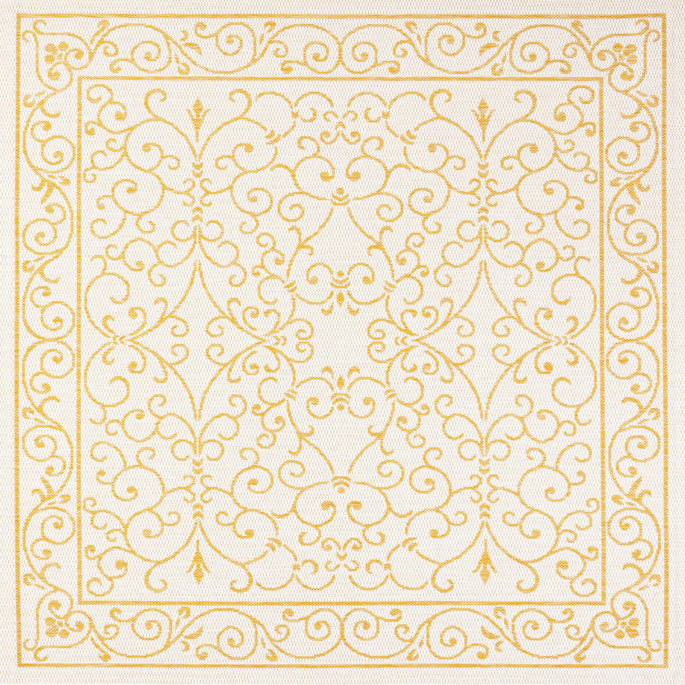 Charleston Filigree Textured Weave Indoor/Outdoor, Cream/Yellow, 5' Square