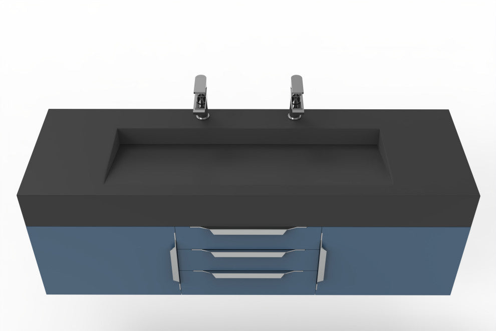 CastelloUSA Nile 60" Wall Mounted Vanity Set, Blue, Black Top, Chrome Handles