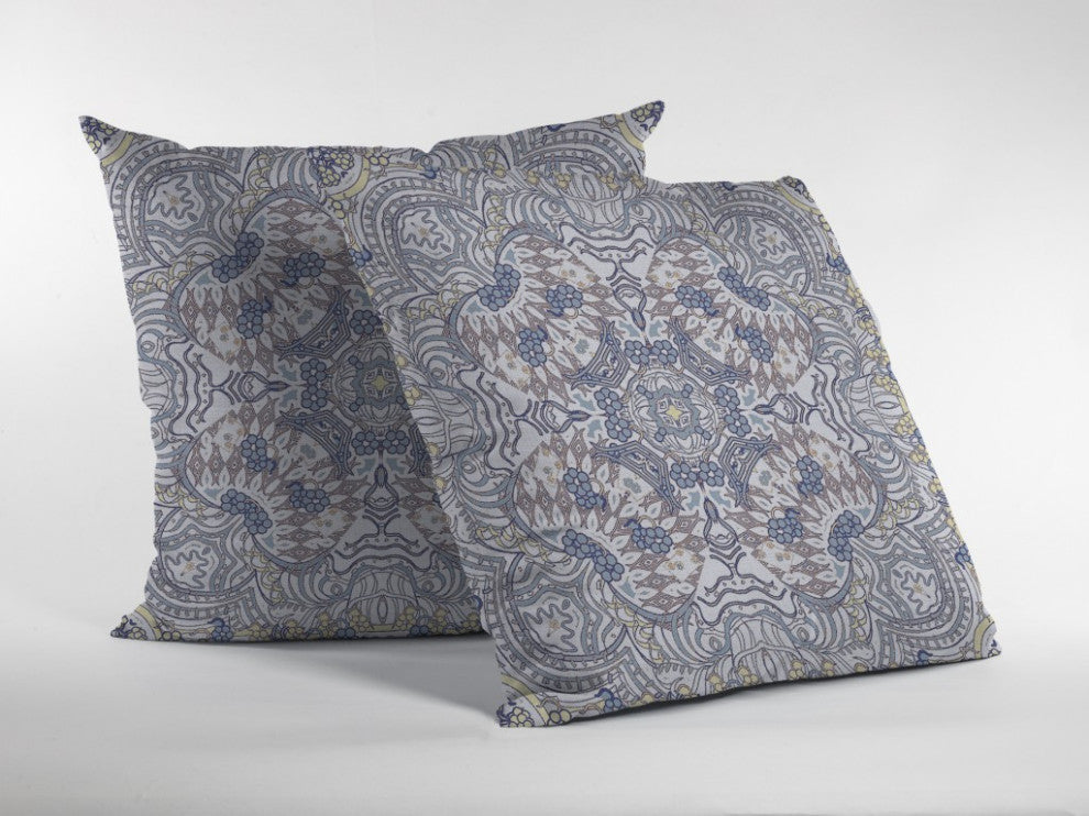 20" Yellow Gray Boho Ornate Suede Throw Pillow