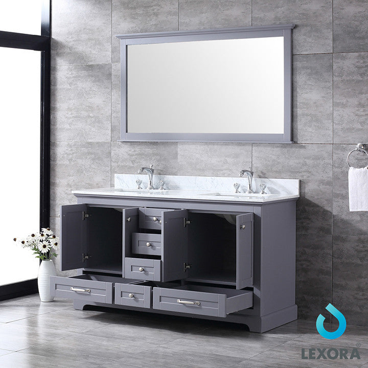 Dukes 60" Vanity, Wht Carrara Marble Top & 58" Mirror w/ Faucets, Dark Grey