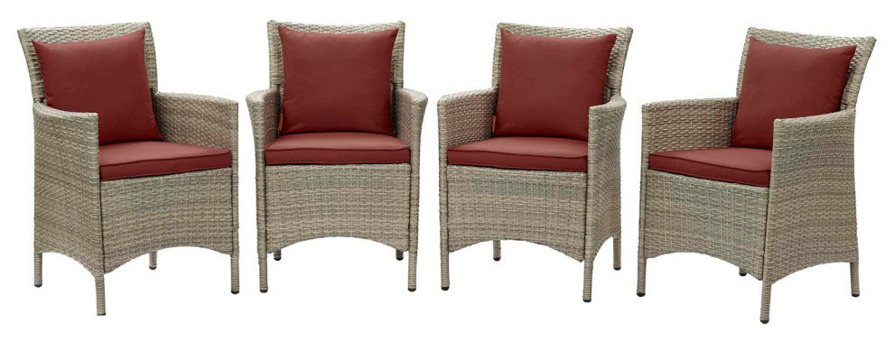 Side Dining Chair Armchair, Set of 4, Rattan, Wicker, Dark Red Brown, Outdoor