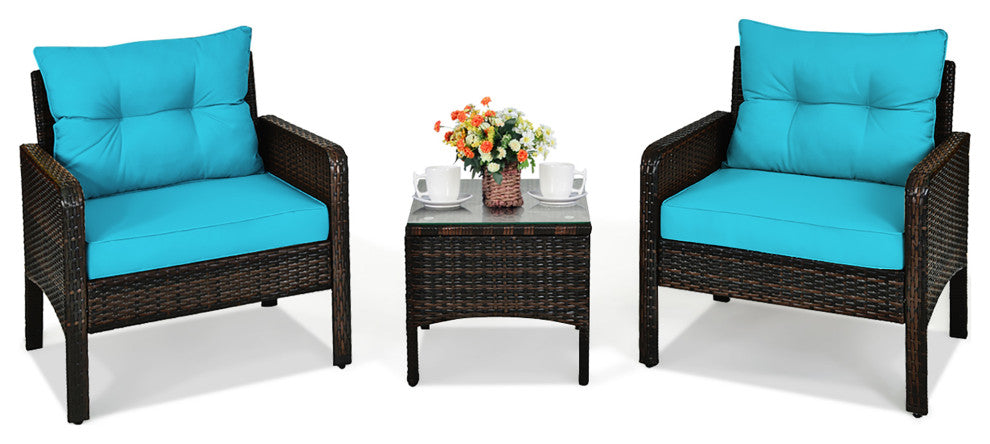 Costway 3PCS Outdoor Rattan Conversation Set Patio Cushioned Sofa Turquoise