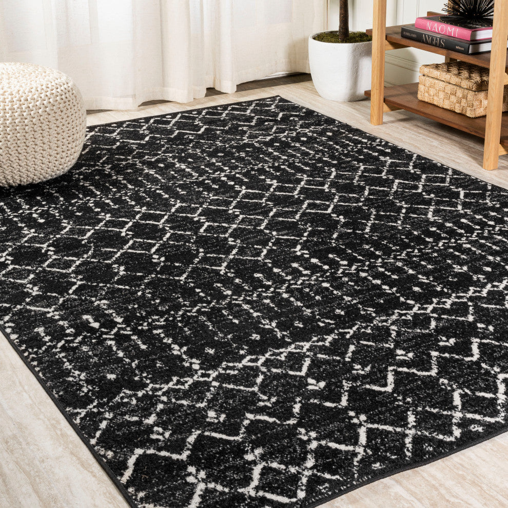 Moroccan HYPE Boho Vintage Diamond Runner Rug, Black/Ivory, 8 X 10