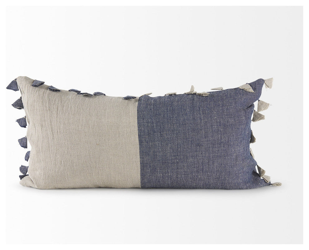 Denim Blue and Canvas Tassle Lumbar Accent Pillow Cover