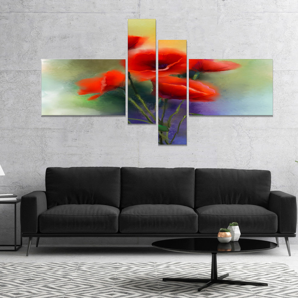 Watercolor Red Poppy Flowers Painting, Floral Canvas Print, 60"x32", 4 panels