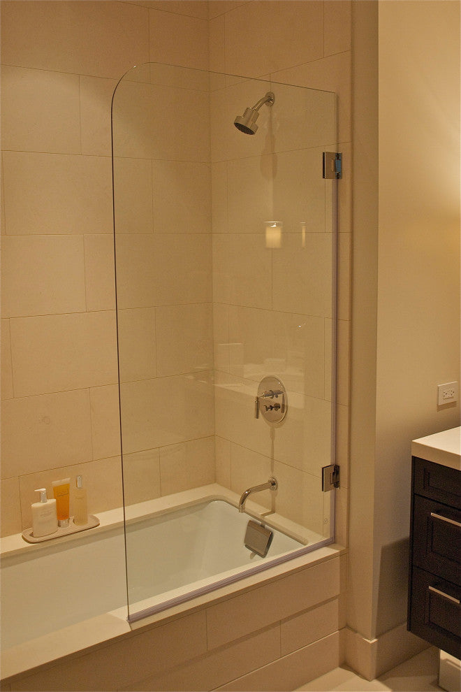 Frameless Tub Shower Door 60"x30" Low Iron, Polished Stainless Steel, Round Corn