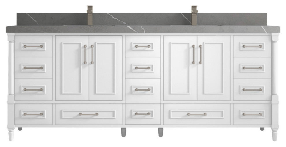 Aberdeen 84 Double Sink Bath Vanity in White 2" Piatra Gray