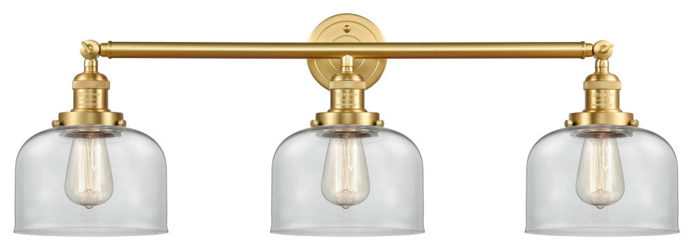 Large Bell 3 Light Bath Vanity Light, Satin Gold, Clear