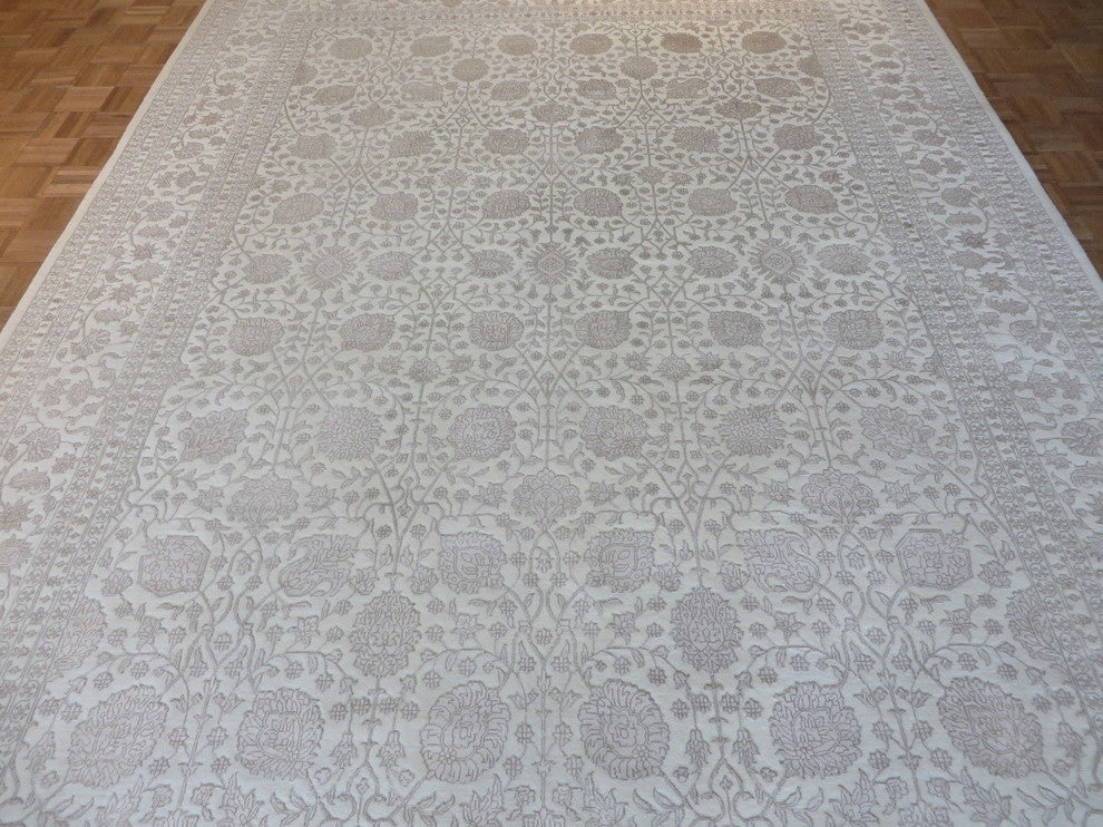9x12 Hand Knotted Tone On Tone Fine Tabriz Ivory With Silk Oriental Rug