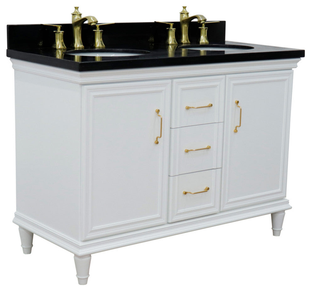 49" Double Vanity, White Finish With Black Galaxy And Oval Sink
