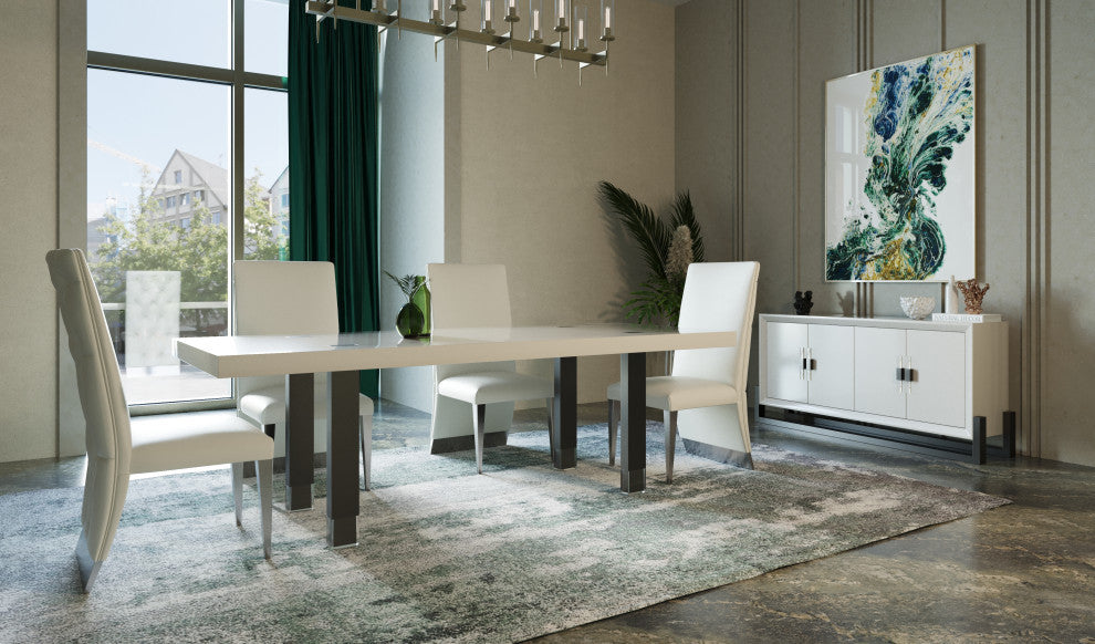 Modrest Lenny Modern White High Gloss and Stainless Steel Gun Metal Dining Table