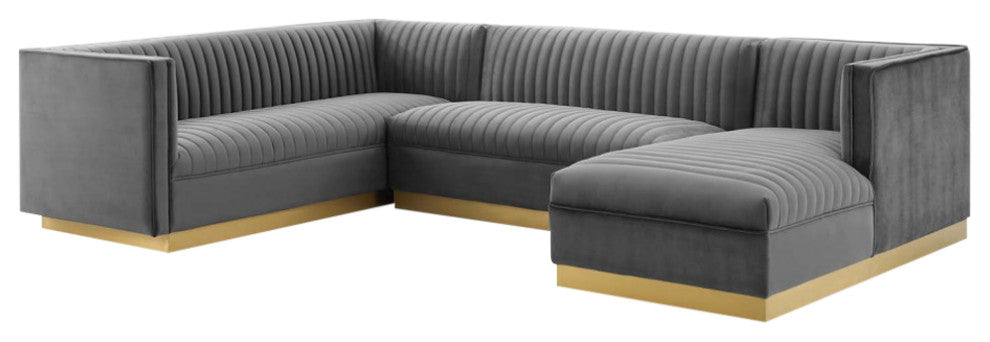 Sanguine 3 Piece Performance Velvet Sectional Sofa Set - Gray