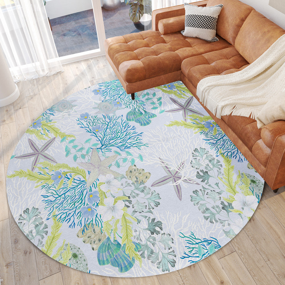 Indoor/Outdoor Seabreeze SZ1 Silver Machine Washable 8' x 8' Round Rug