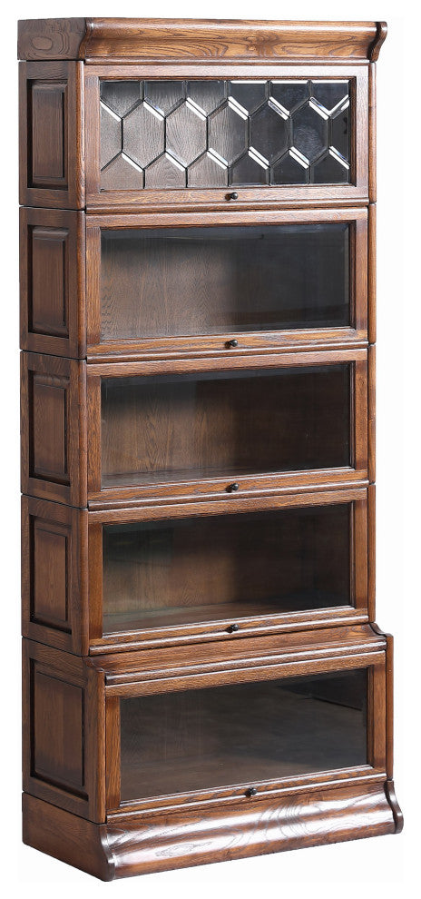 Crafters and Mission Style Oak  5 Stack Barrister Bookcase with Leaded Glass, Walnut