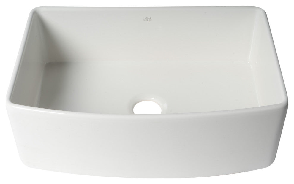 ALFI Brand ABFC3020-W Smooth Curved Apron One Bowl Fireclay Farm Sink with Grid