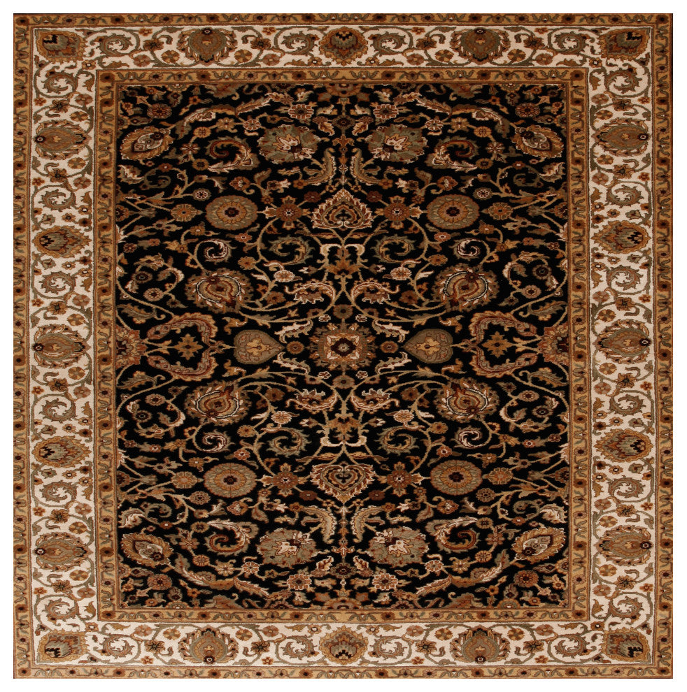 Agra Jolie Traditional Floral Black Hand Knotted Rug 6'x9'