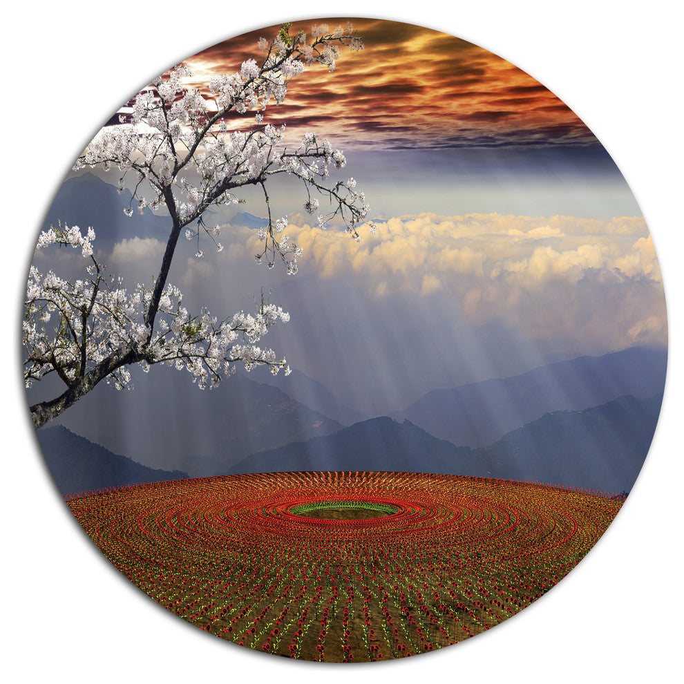 Beautiful Flower Field At Sunset, Landscape Disc Metal Artwork, 36"