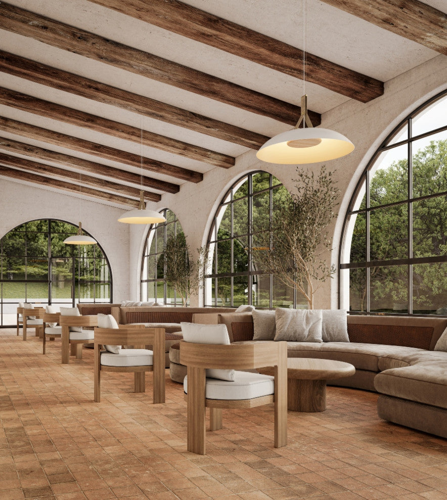 Volo 36 Pendant, Cava, White Shade Exterior, Walnut Disc, 2700k
