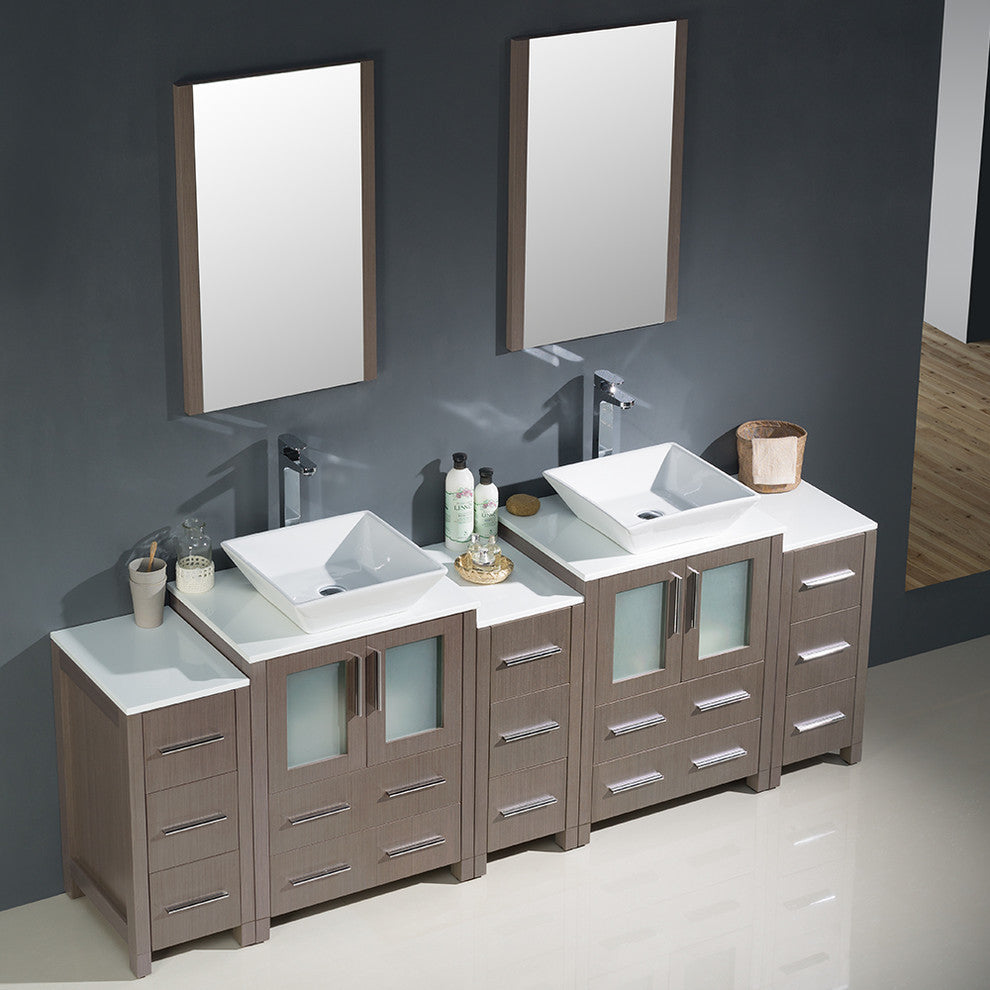 Torino 84" Gray Oak Modern Double Sink Bathroom Vanity, Faucet FFT1045BN