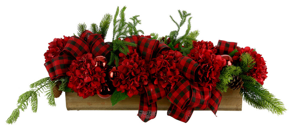 Hydrangea and Evergreen Holiday Arrangement in a Wood Planter
