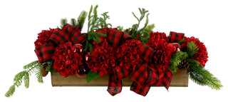 Hydrangea and Evergreen Holiday Arrangement in a Wood Planter