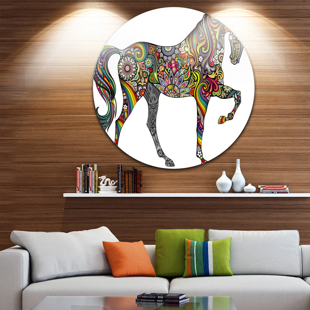 Rainbow Patterned Horse, Animal Digital Art Disc Metal Wall Art, 11"