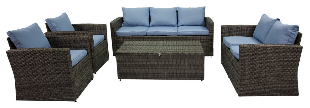 Rio 5-Piece Wicker Conversation Set With Storage, Gray Wicker/Blue Cushions