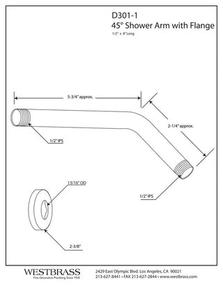 Shower Arm, Polished Brass, 8"
