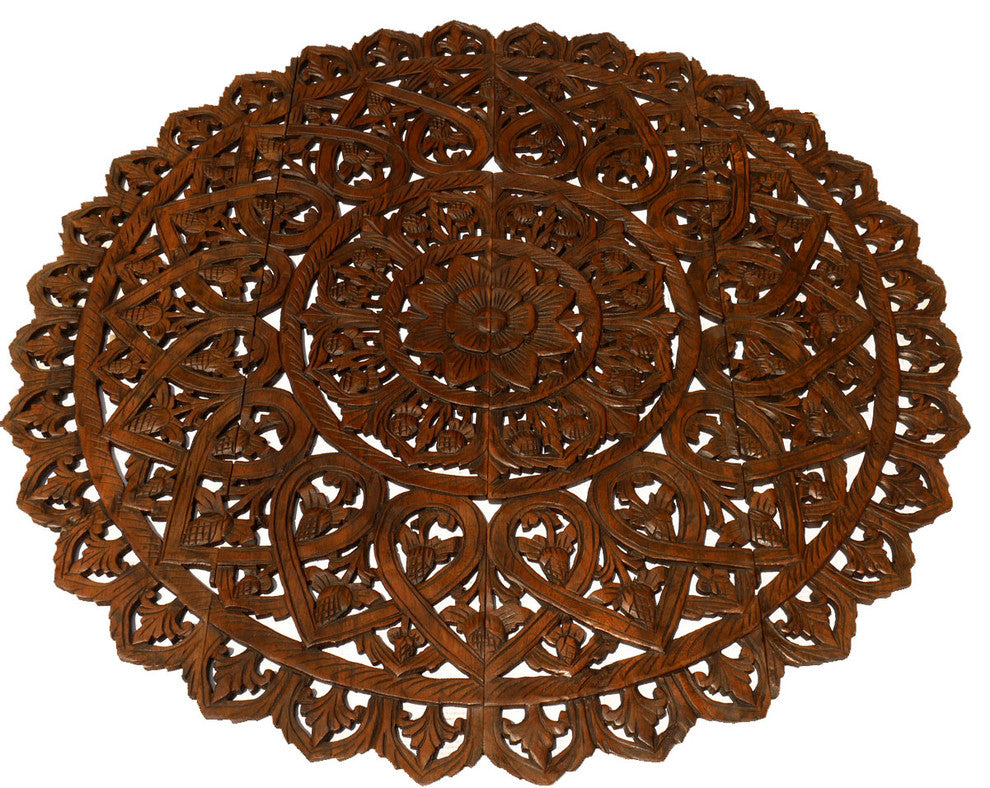 Round Lotus Flower Wood Carved Wall Plaque Home Decor, Brown, 48"x48"