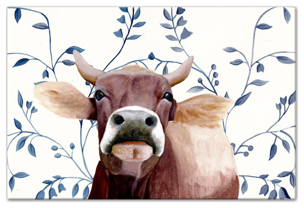 Blue Floral Cow 36x24 Canvas Wall Art