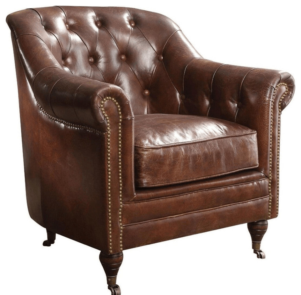 34" Top Grain Leather And Brown Tufted Chesterfield Chair
