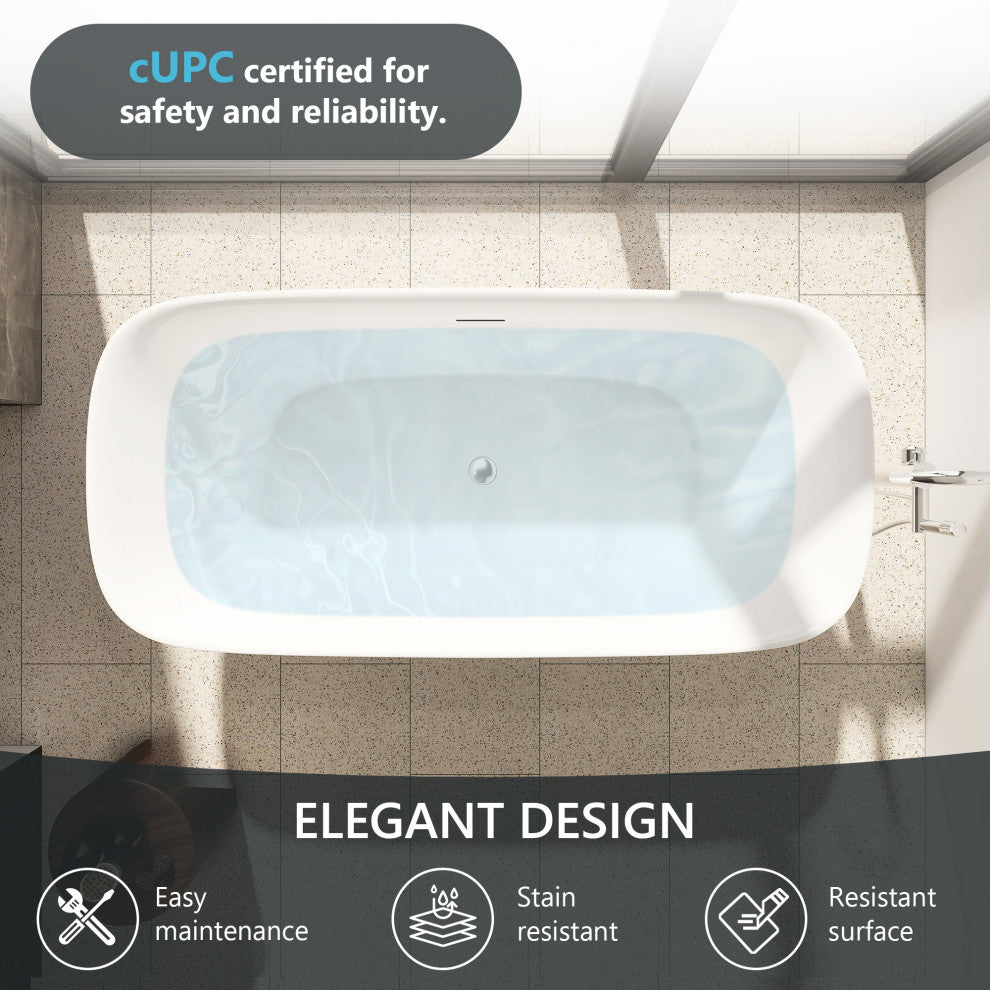 Sarnia Flat Bottom Freestanding Acrylic Soaking Bathtub, 67"